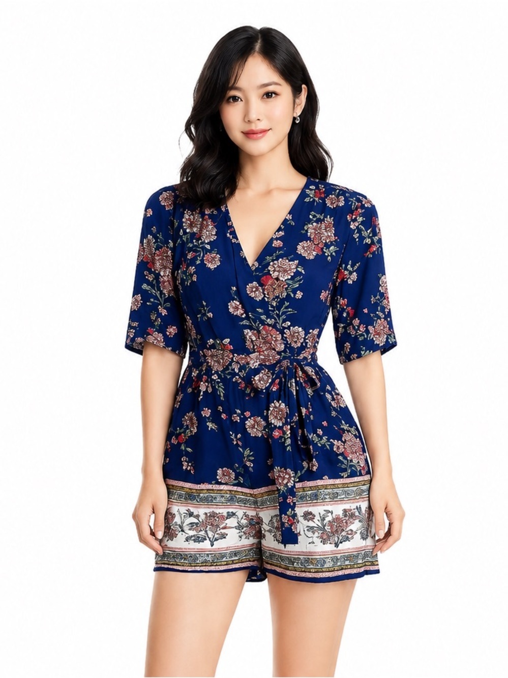 Three Hearts Blue Floral Wrap Romper Size M Boho Summer Vacation